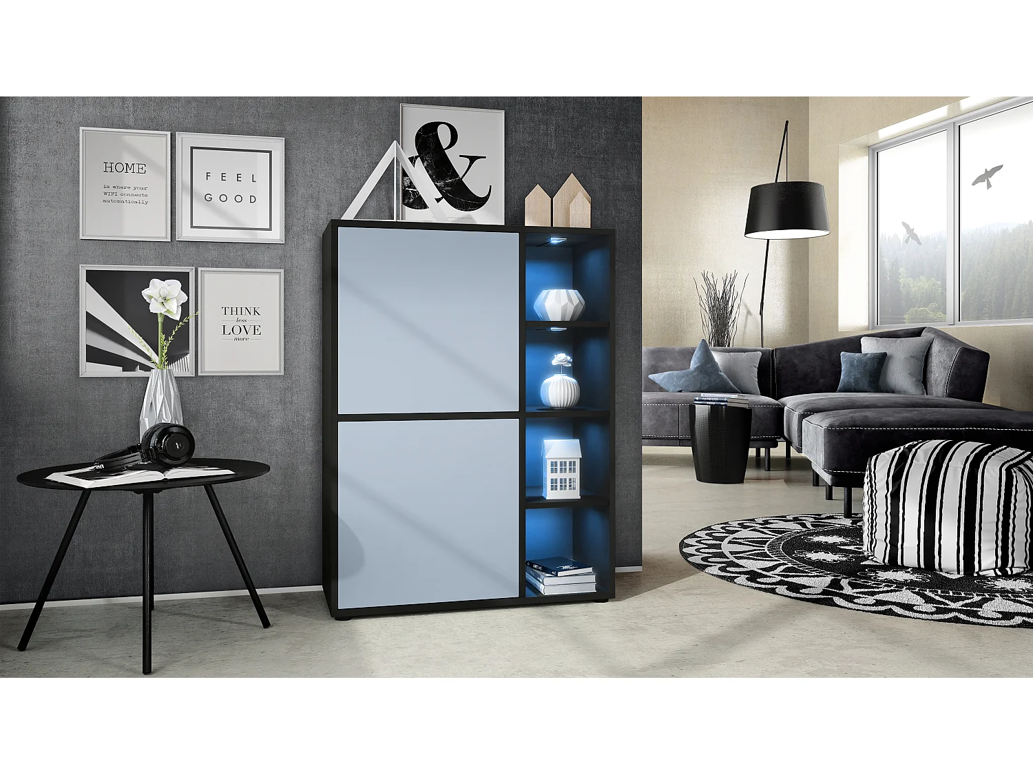 Buffet haut Cuba avec 8 compartiments, caisson en noir mat / Façades en Denim mat avec éclairage LED RGB