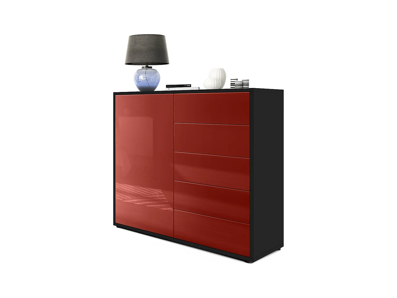 Buffet Ben V2, Commode avec 1 portes et 5 tiroirs, Noir mat/Bordeaux haute brillance (79 x 74 x 36 cm)