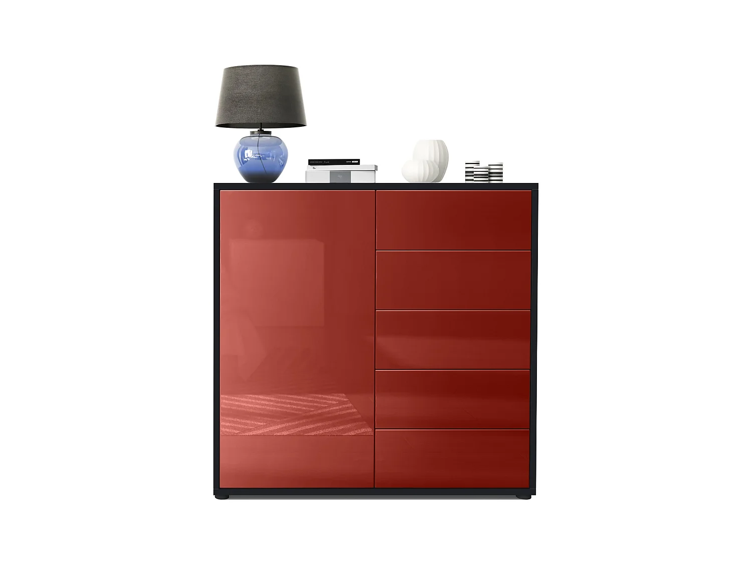 Buffet Ben V2, Commode avec 1 portes et 5 tiroirs, Noir mat/Bordeaux haute brillance (79 x 74 x 36 cm)
