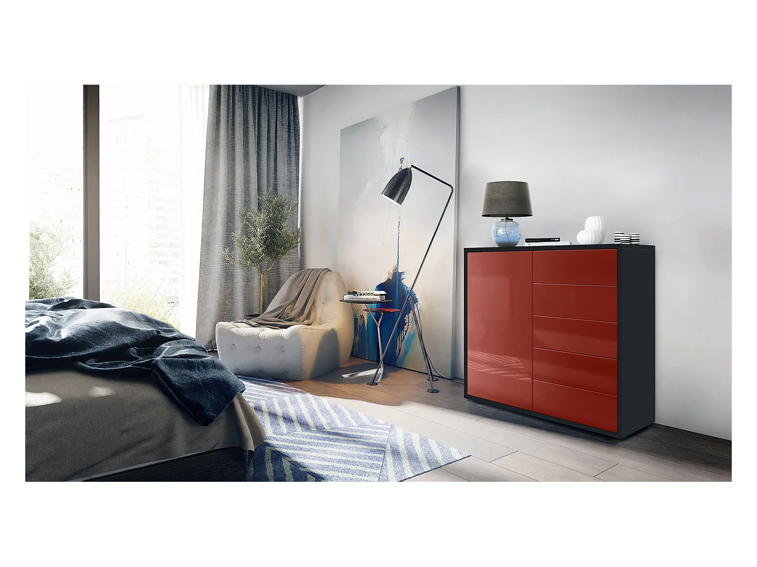 Buffet Ben V2, Commode avec 1 portes et 5 tiroirs, Noir mat/Bordeaux haute brillance (79 x 74 x 36 cm)