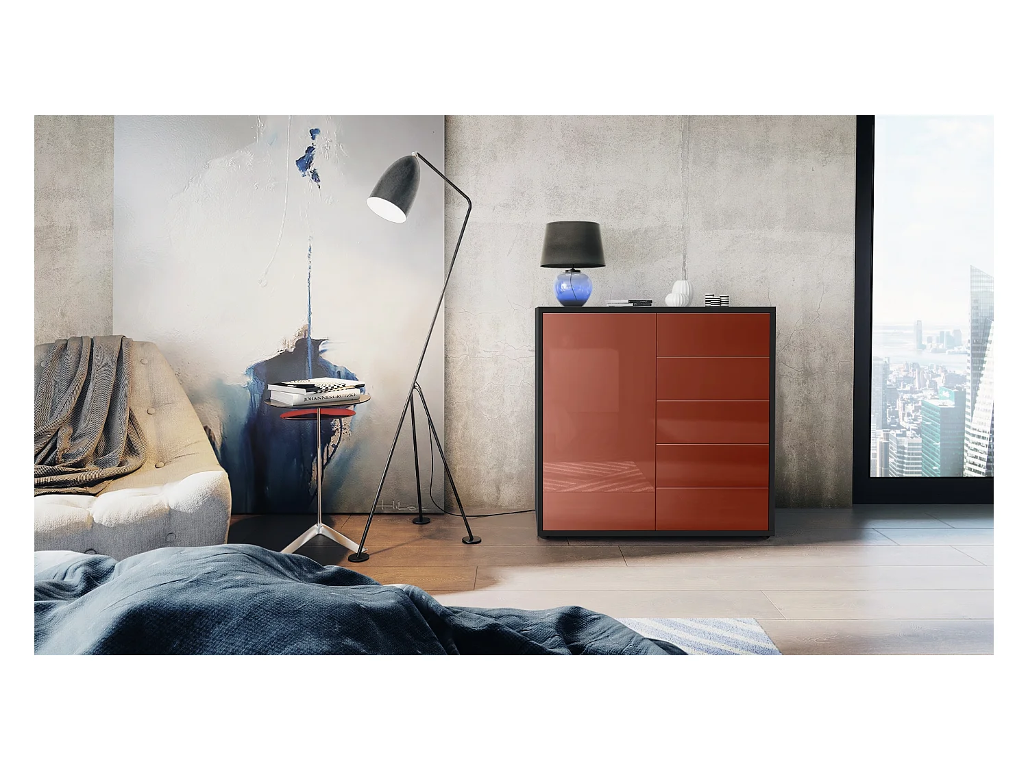 Buffet Ben V2, Commode avec 1 portes et 5 tiroirs, Noir mat/Bordeaux haute brillance (79 x 74 x 36 cm)