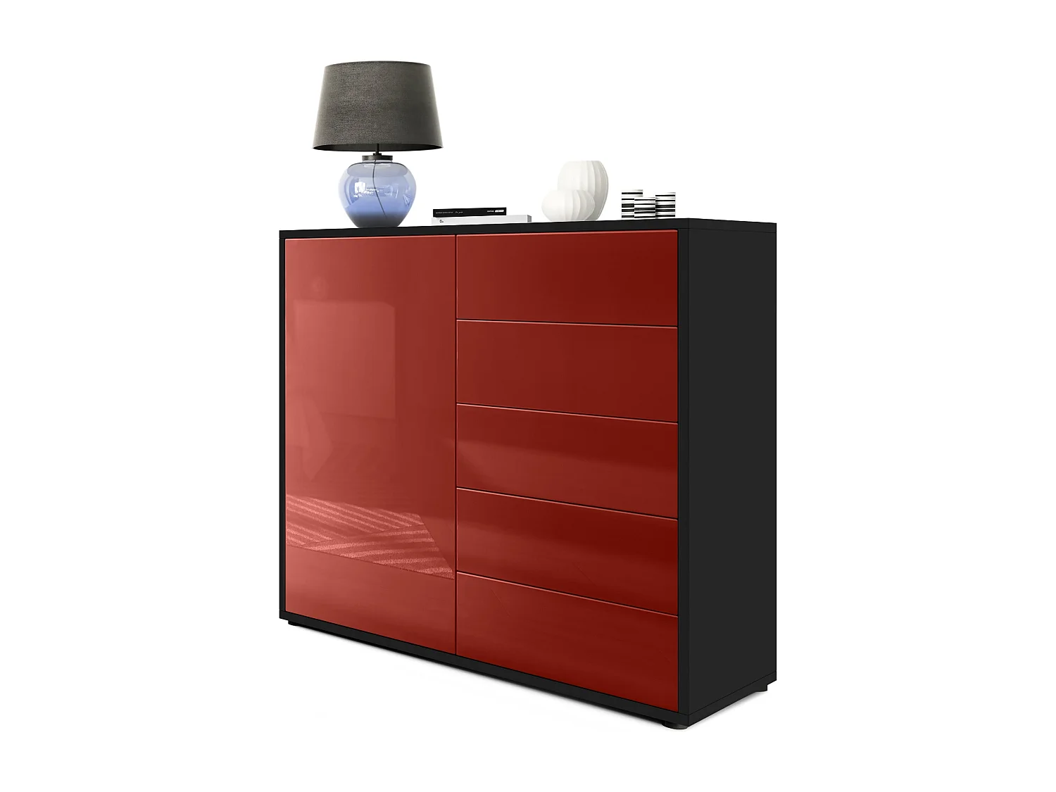 Madia  Ben V2, mobile con 1 anta e 5 cassetti, nero opaco/bordeaux lucido (79 x 74 x 36 cm)