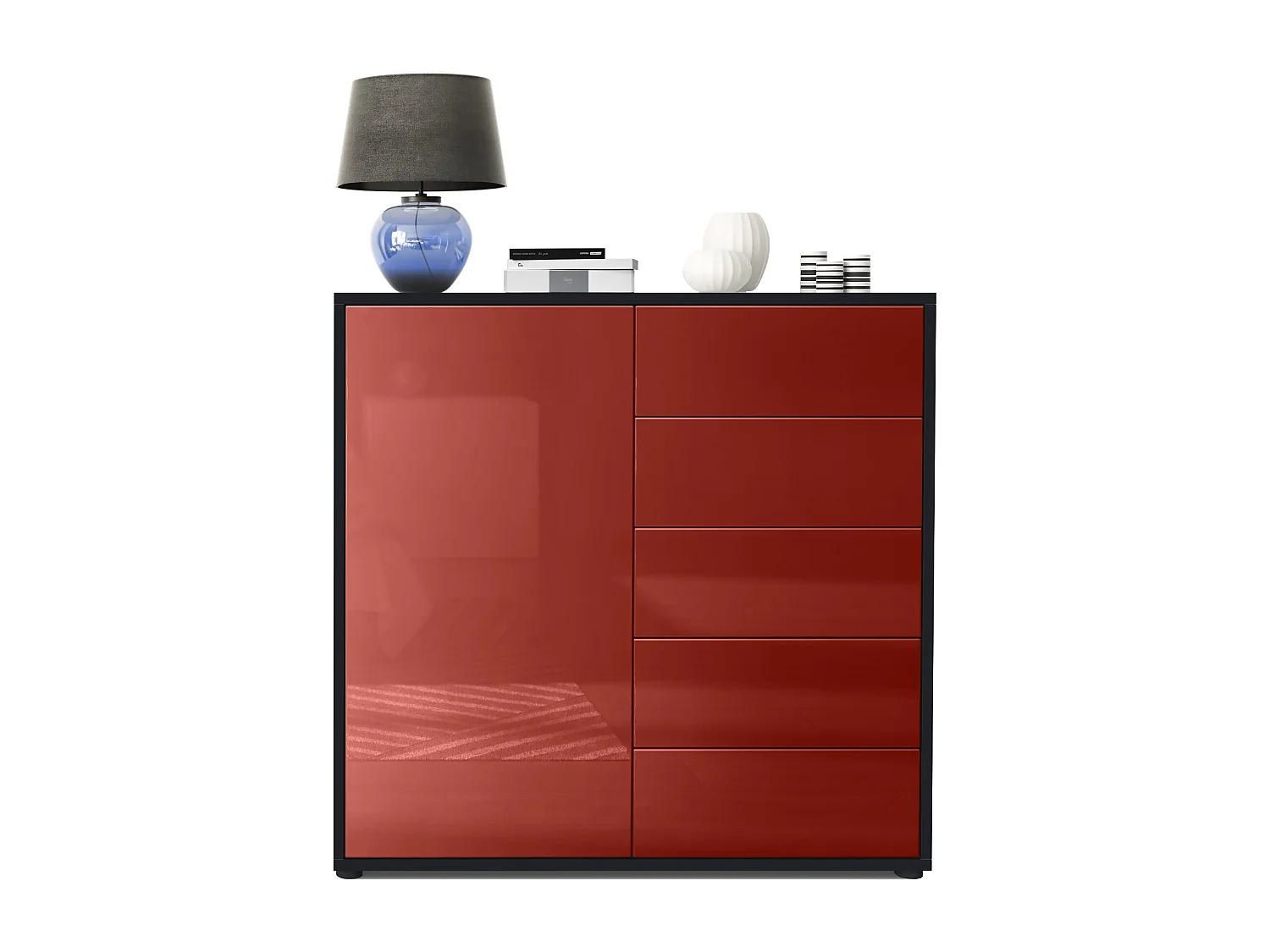 Madia  Ben V2, mobile con 1 anta e 5 cassetti, nero opaco/bordeaux lucido (79 x 74 x 36 cm)