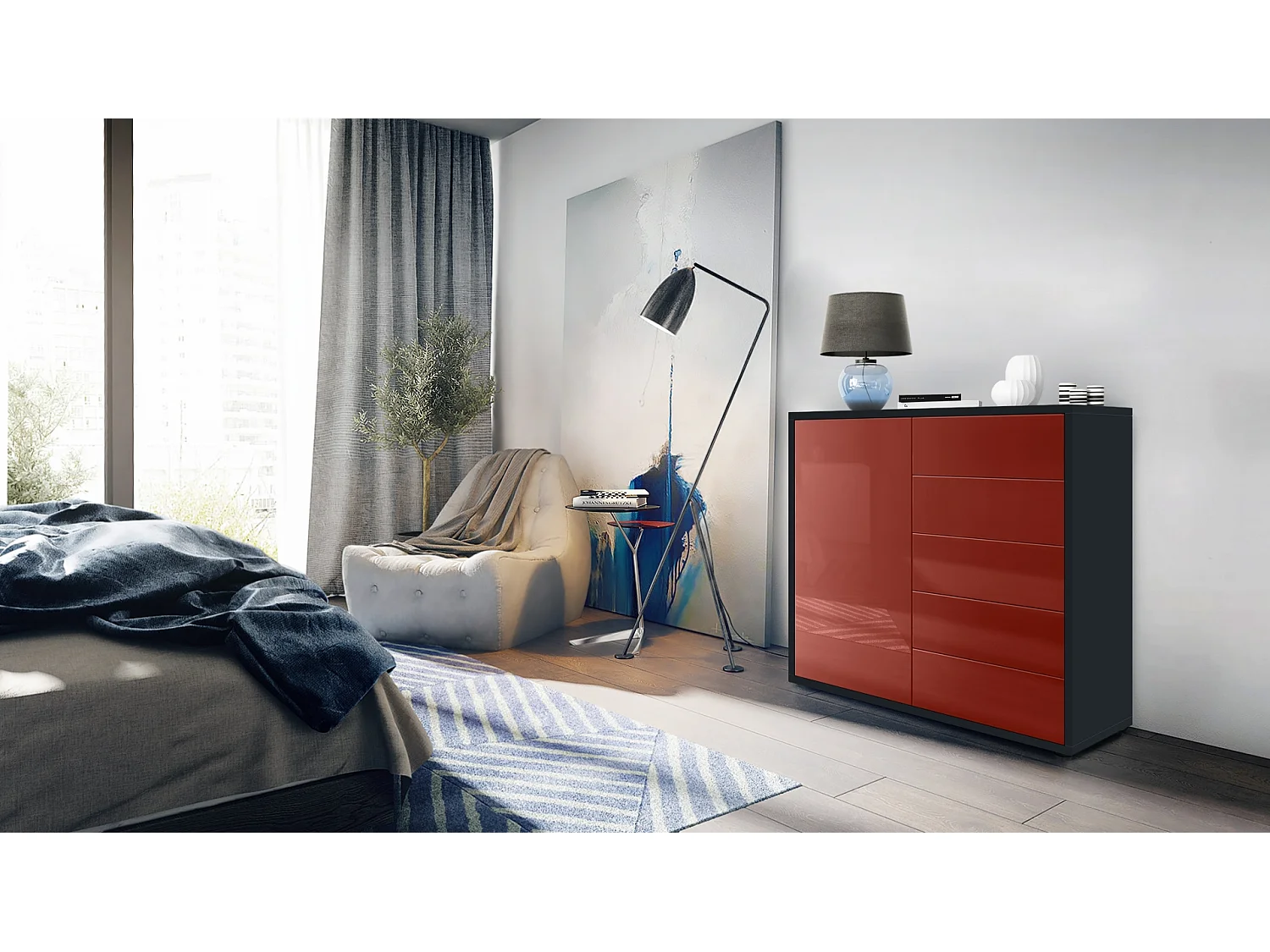 Madia  Ben V2, mobile con 1 anta e 5 cassetti, nero opaco/bordeaux lucido (79 x 74 x 36 cm)