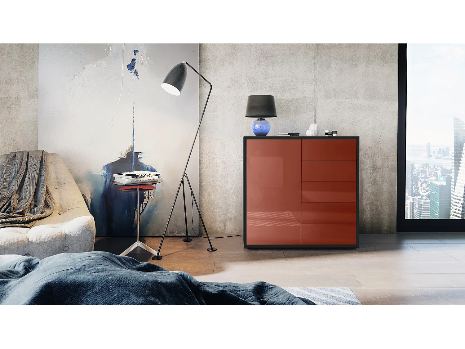 Madia  Ben V2, mobile con 1 anta e 5 cassetti, nero opaco/bordeaux lucido (79 x 74 x 36 cm)