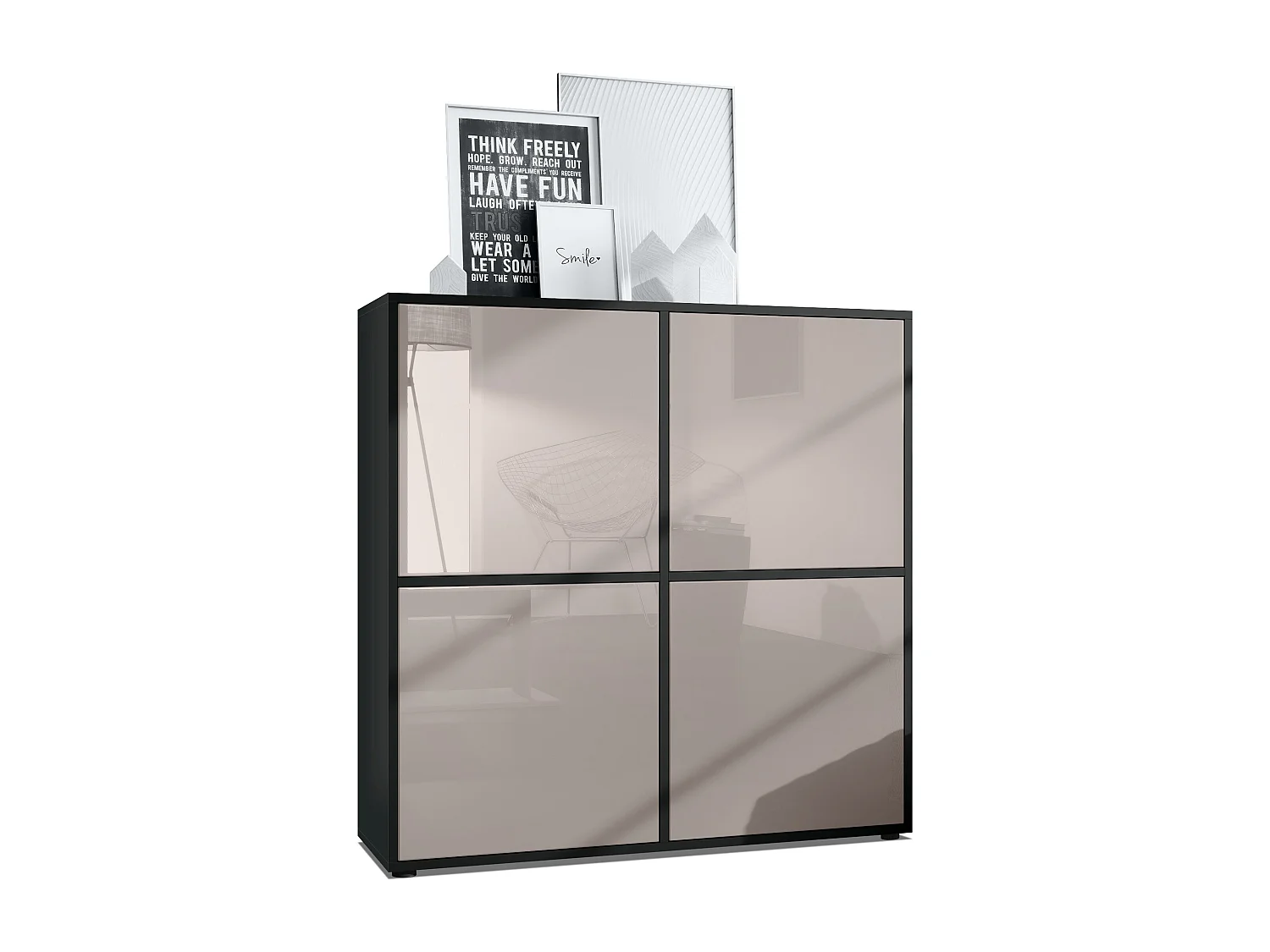 Highboard Cuba V2 Placard 104 x 105,5 x 35,5 cm Buffet à 8 compartiments, caisson en noir mat / façades en Gris sable laqué haute brillance