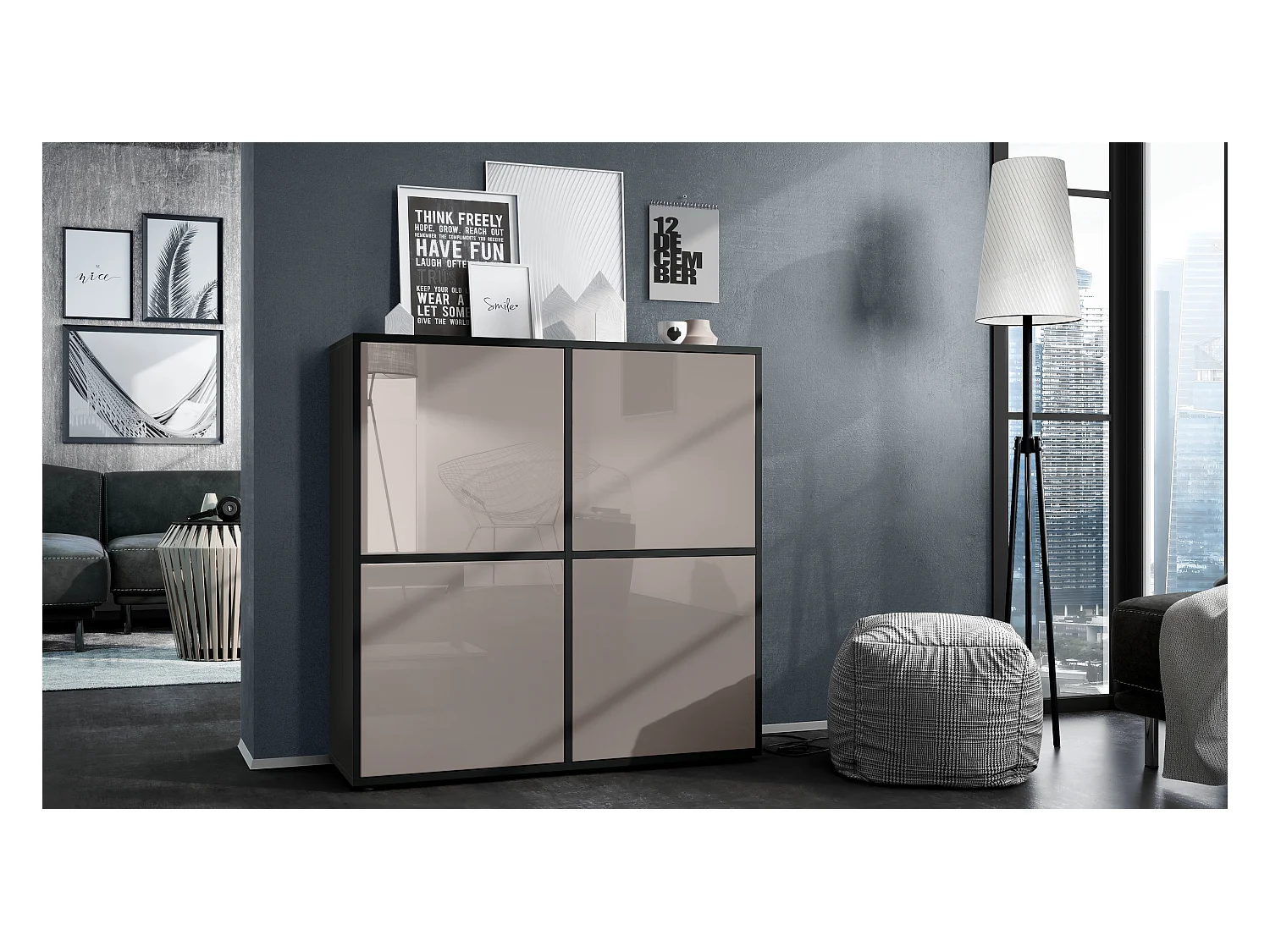 Highboard Cuba V2 Placard 104 x 105,5 x 35,5 cm Buffet à 8 compartiments, caisson en noir mat / façades en Gris sable laqué haute brillance