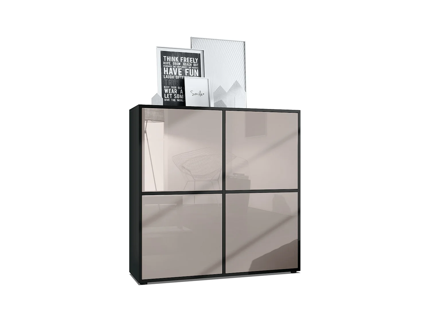 Aramario - Alacena Cuba V2 armario 104 x 105.5 x 35.5 cm armario - alacena con 8 compartimentos, cuerpo en negro mate frentes en Gris arena de alto brillo