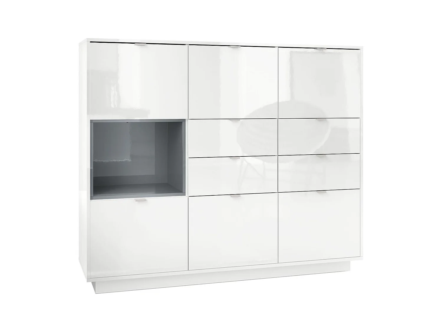 Buffet haut Armoire Metro V2, Corps en Blanc haute brillance / Façades en Blanc haute brillance avec une insertion en Gris haute brillance