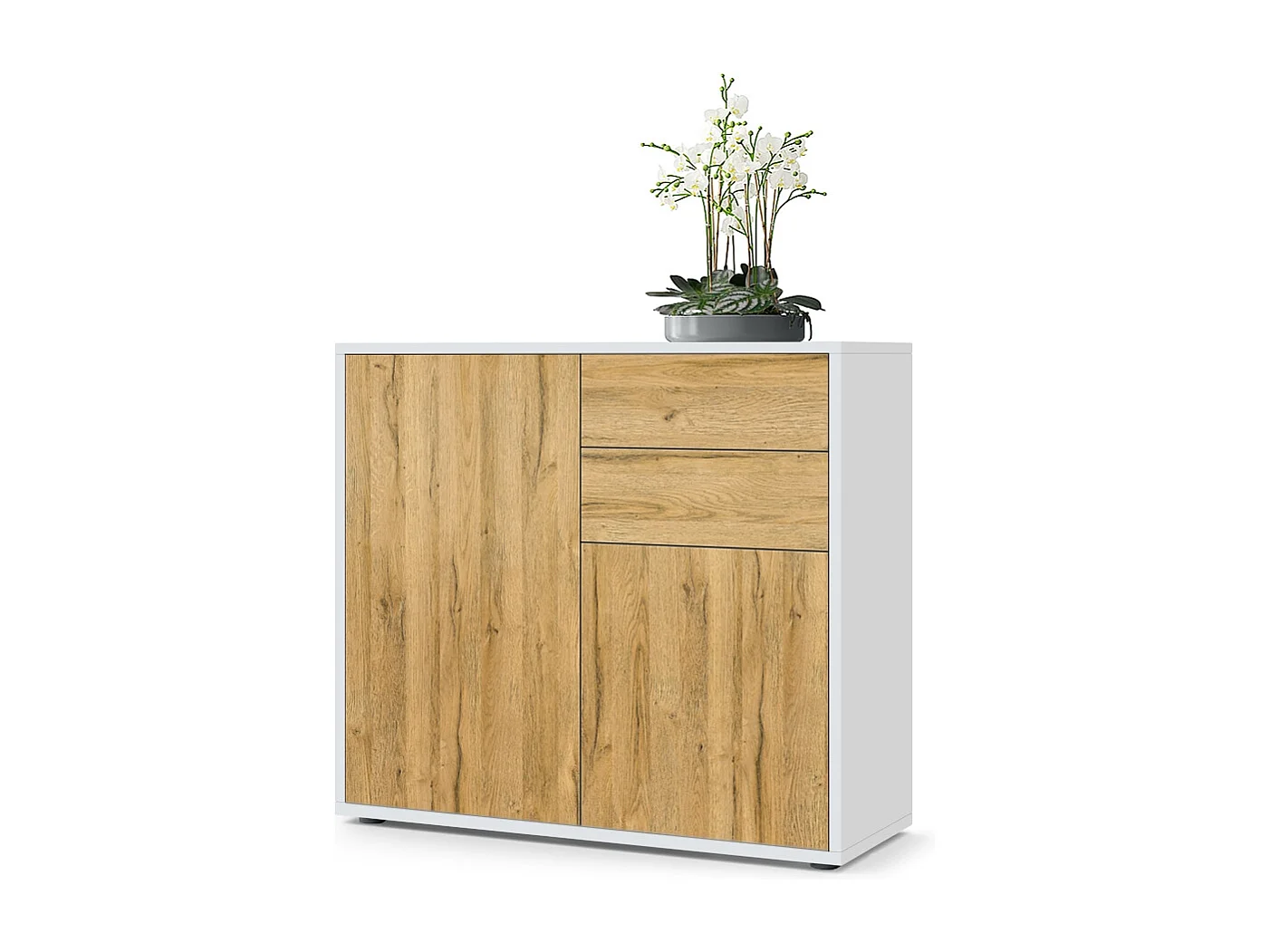 Buffet Ben, Commode avec 2 portes et 2 tiroirs, Blanc mat/Chêne Nature (79 x 74 x 36 cm)