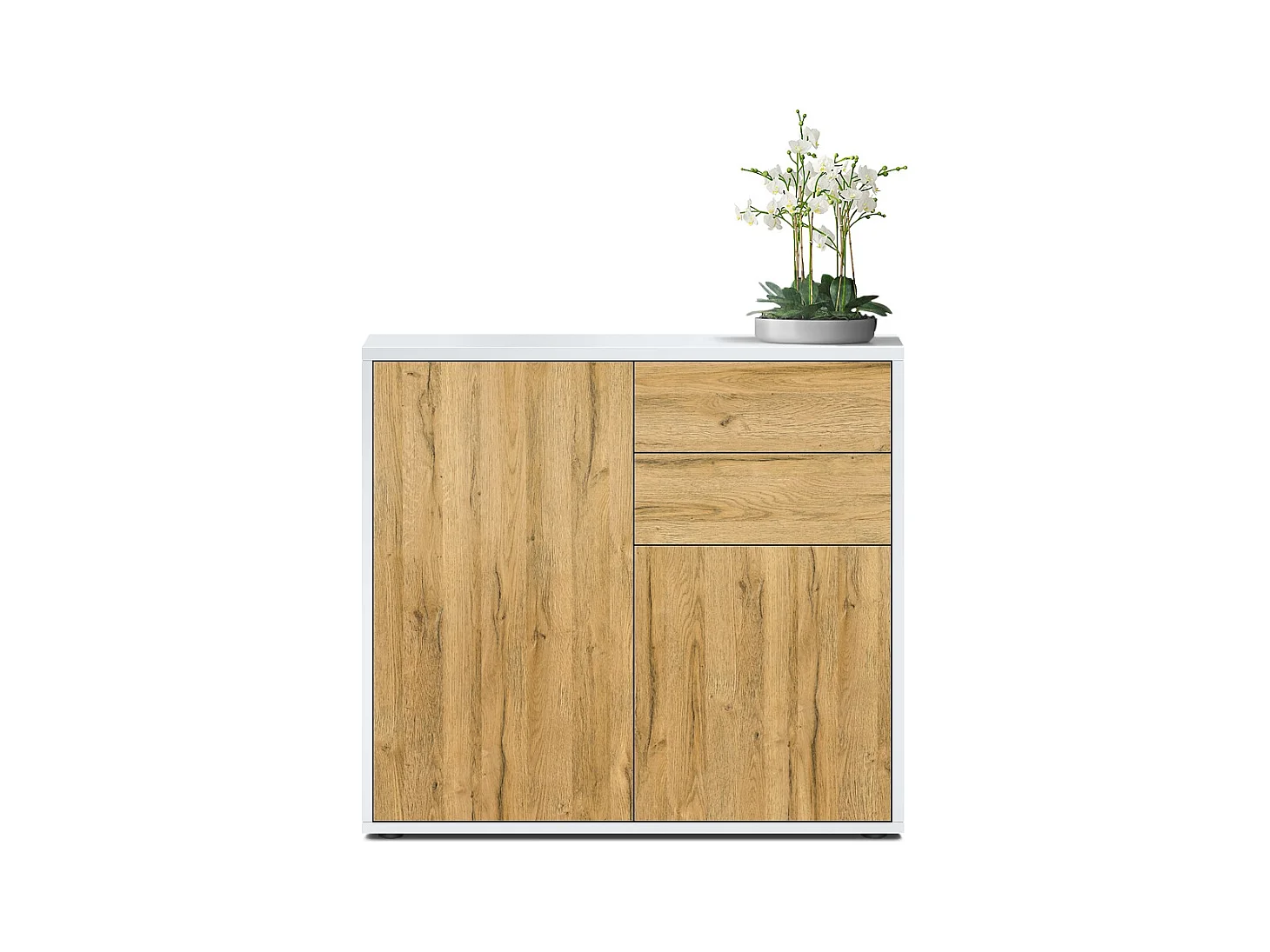 Buffet Ben, Commode avec 2 portes et 2 tiroirs, Blanc mat/Chêne Nature (79 x 74 x 36 cm)