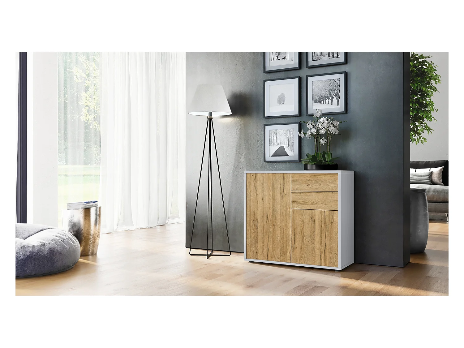 Buffet Ben, Commode avec 2 portes et 2 tiroirs, Blanc mat/Chêne Nature (79 x 74 x 36 cm)