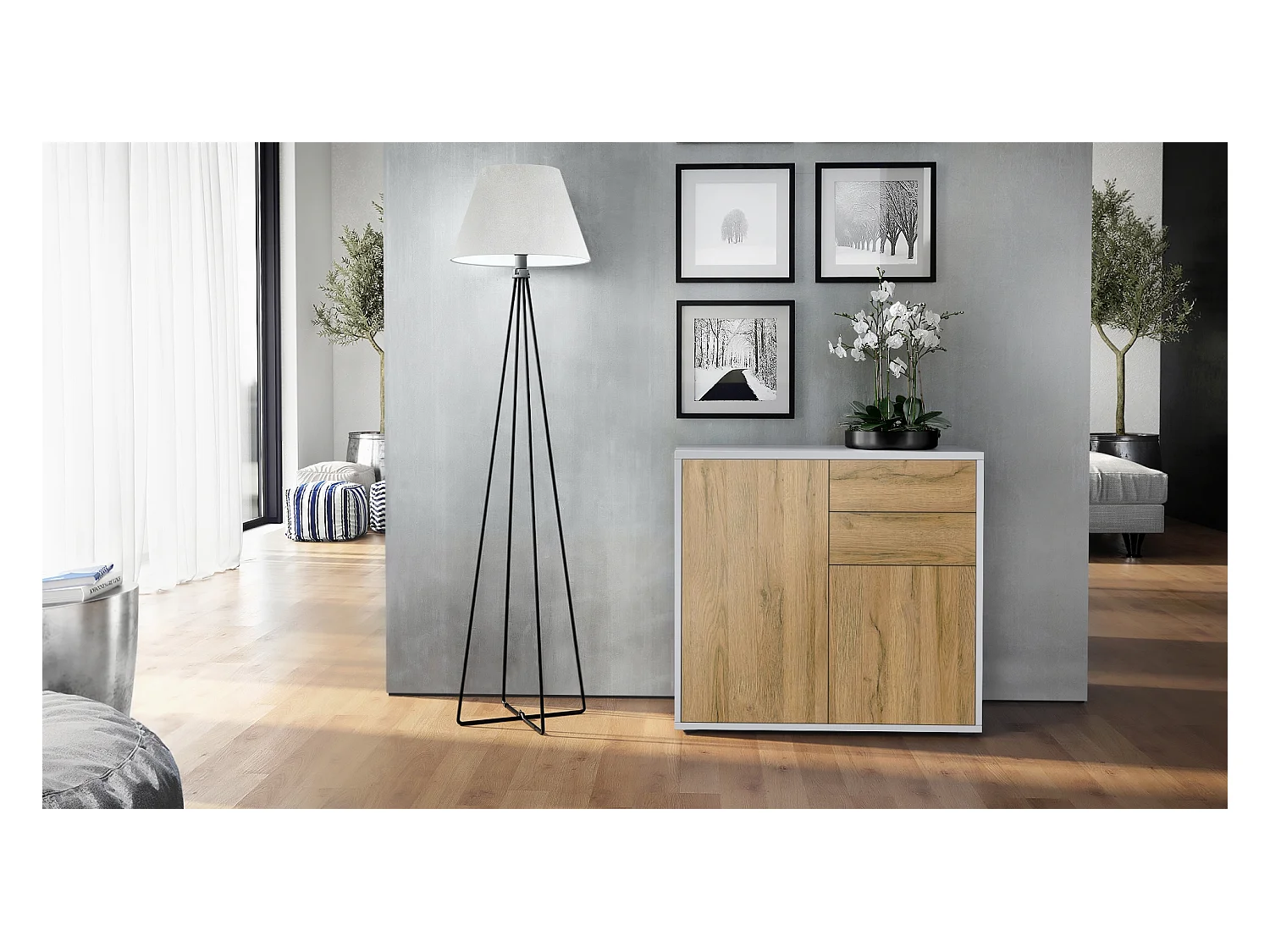 Buffet Ben, Commode avec 2 portes et 2 tiroirs, Blanc mat/Chêne Nature (79 x 74 x 36 cm)
