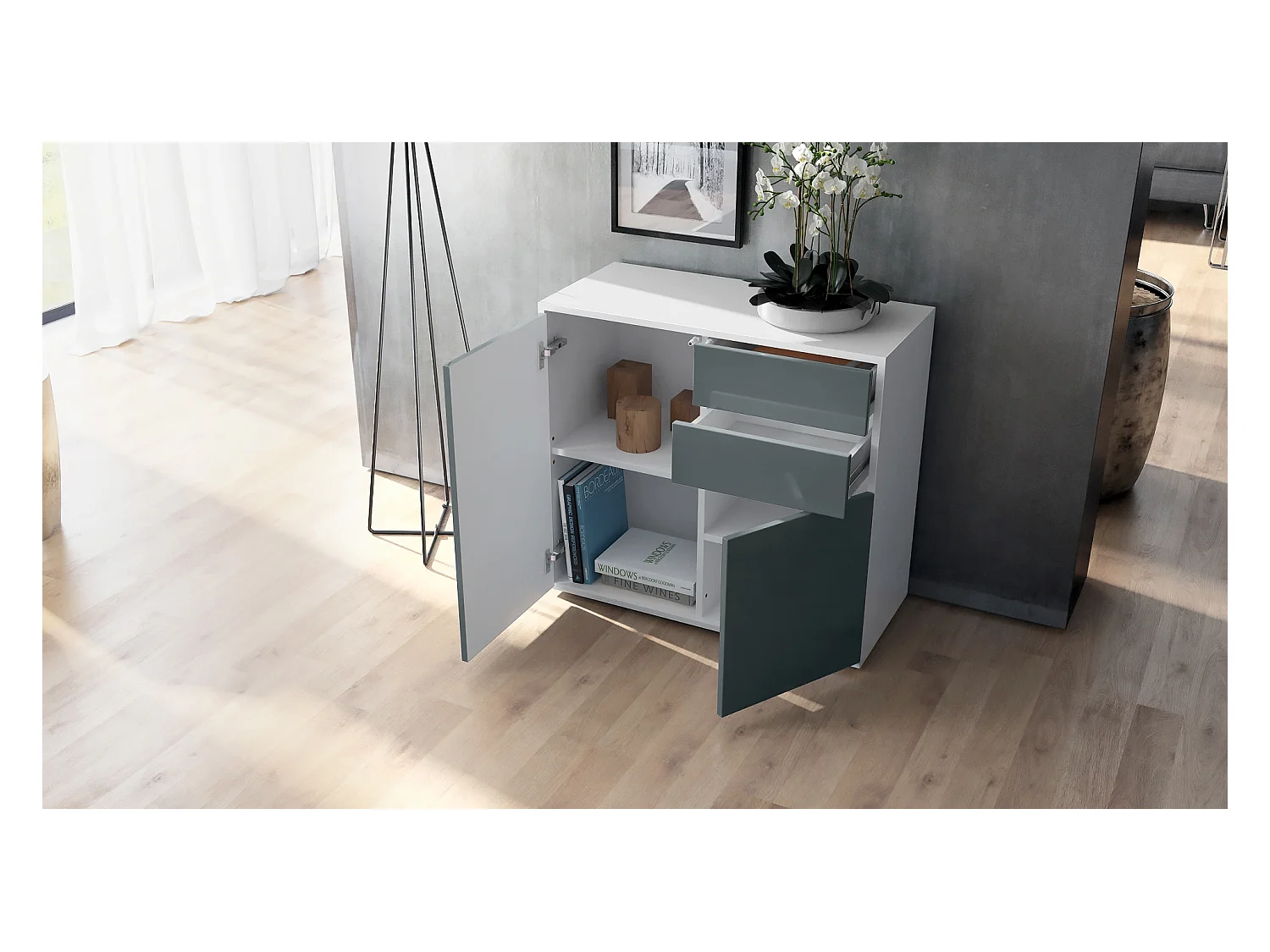 Buffet Ben, Commode avec 2 portes et 2 tiroirs, Blanc mat/Chêne Nature (79 x 74 x 36 cm)