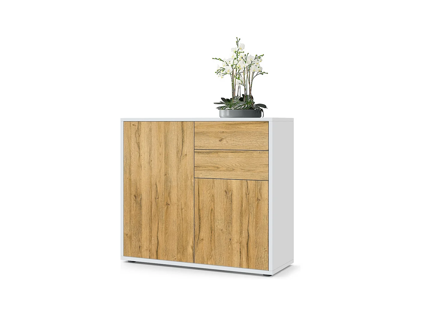 Buffet Ben, Commode avec 2 portes et 2 tiroirs, Blanc mat/Chêne Nature (79 x 74 x 36 cm)