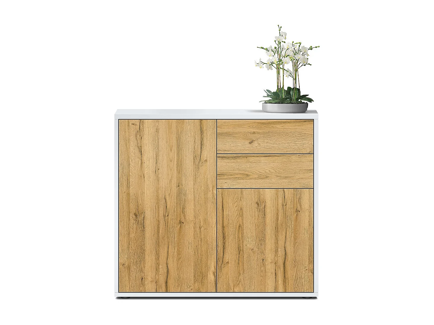 Buffet Ben, Commode avec 2 portes et 2 tiroirs, Blanc mat/Chêne Nature (79 x 74 x 36 cm)