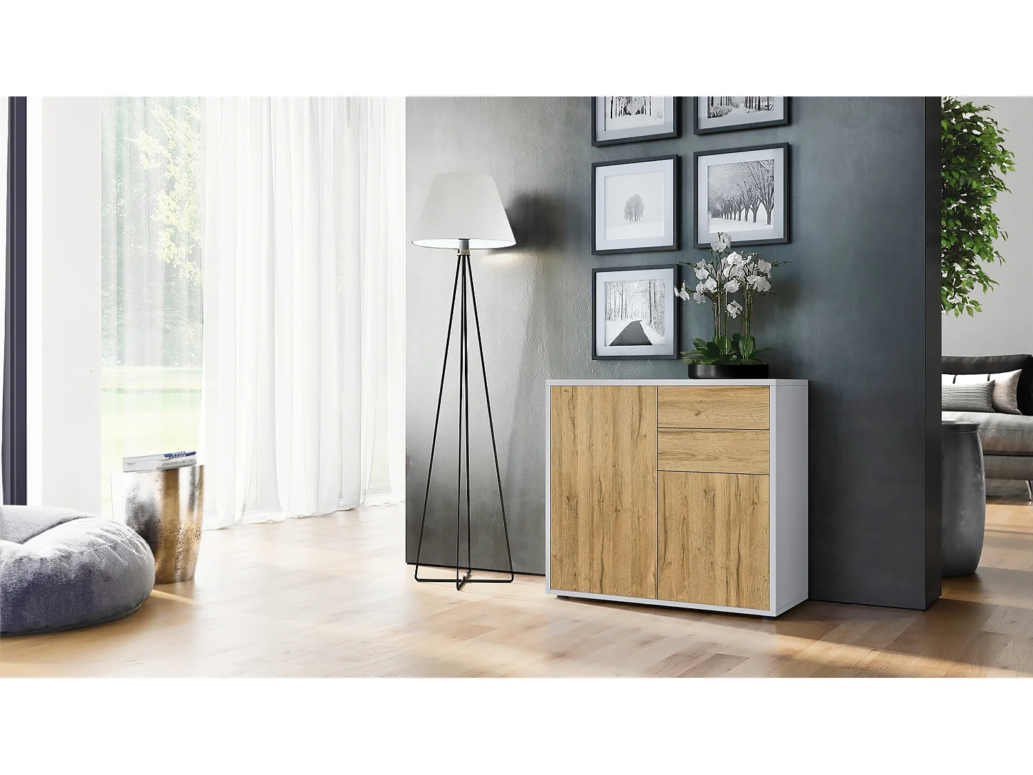 Buffet Ben, Commode avec 2 portes et 2 tiroirs, Blanc mat/Chêne Nature (79 x 74 x 36 cm)