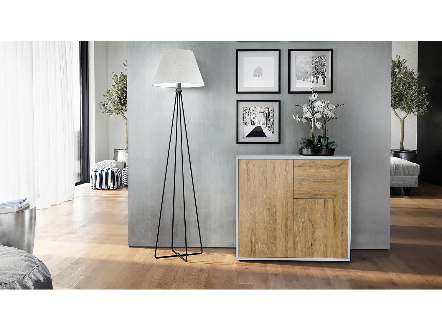 Buffet Ben, Commode avec 2 portes et 2 tiroirs, Blanc mat/Chêne Nature (79 x 74 x 36 cm)