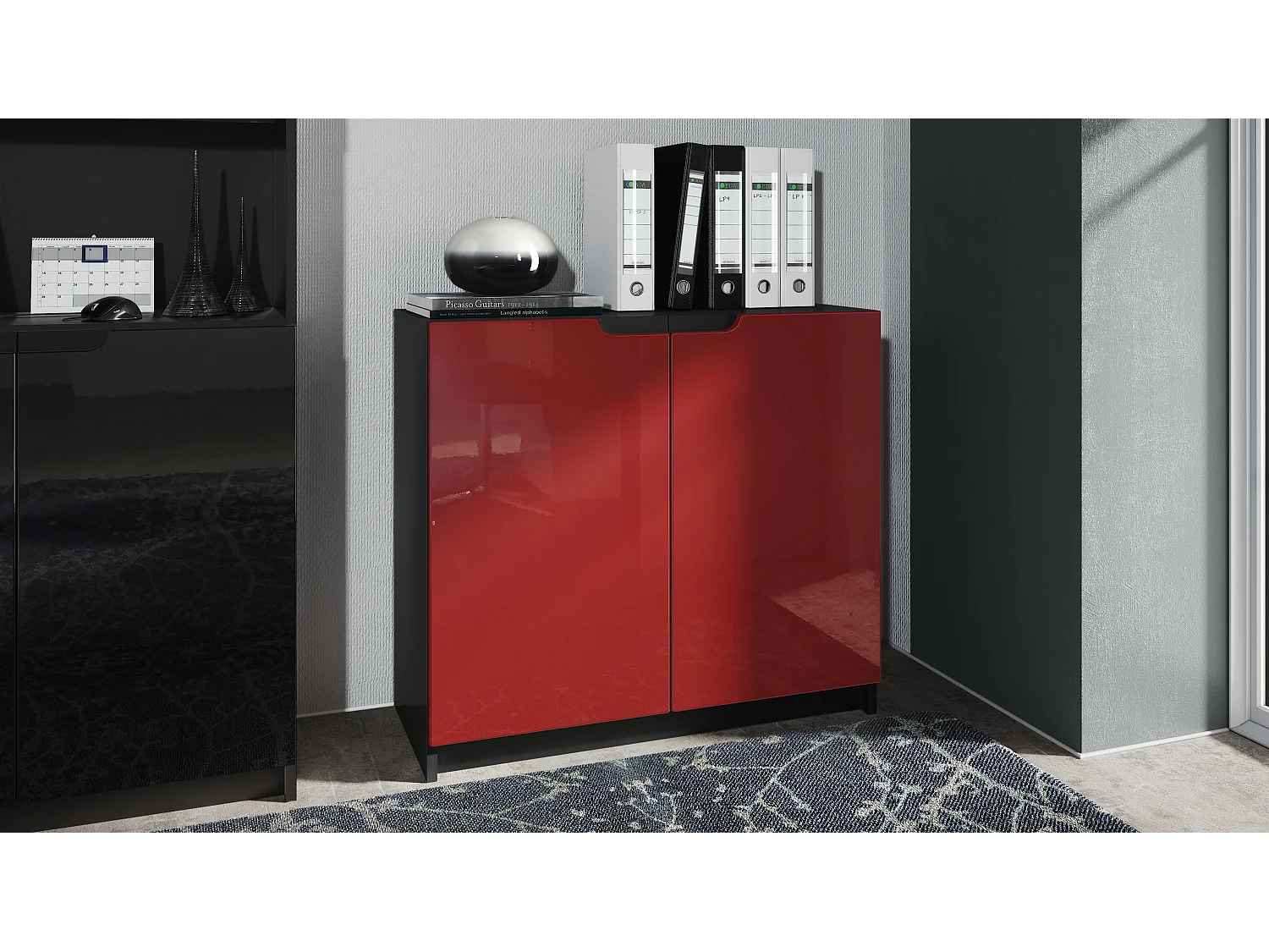 Madia Logan, mobile a 2 ante, nero opaco/bordeaux lucido (82 x 78 x 37 cm)