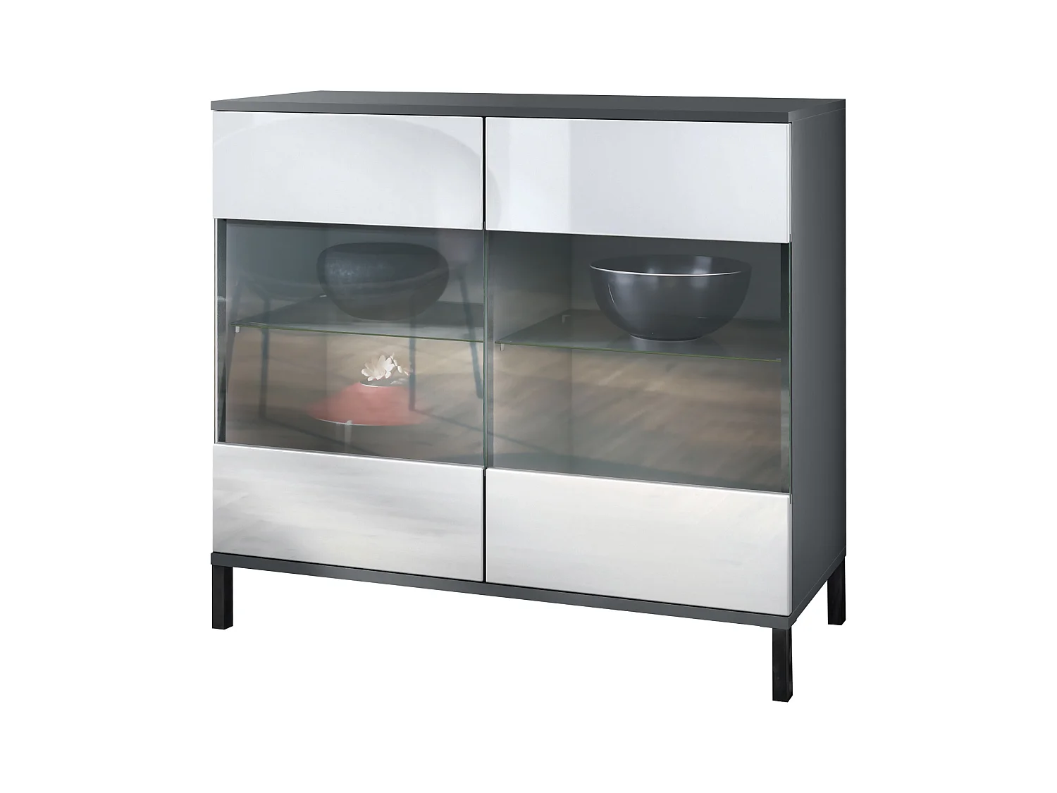Commode Bari V3, Armoire de cuisine moderne avec 2 grandes portes vitrées anthracite mat / blanc haute brillance (92,5 x 83.5 x 35)
