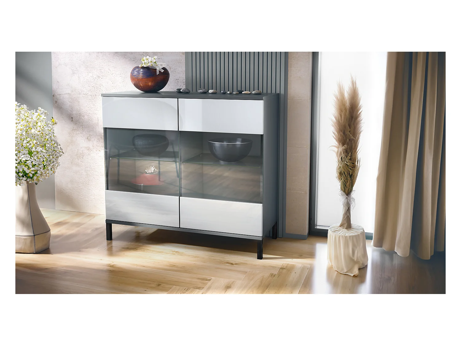 Commode Bari V3, Armoire de cuisine moderne avec 2 grandes portes vitrées anthracite mat / blanc haute brillance (92,5 x 83.5 x 35)