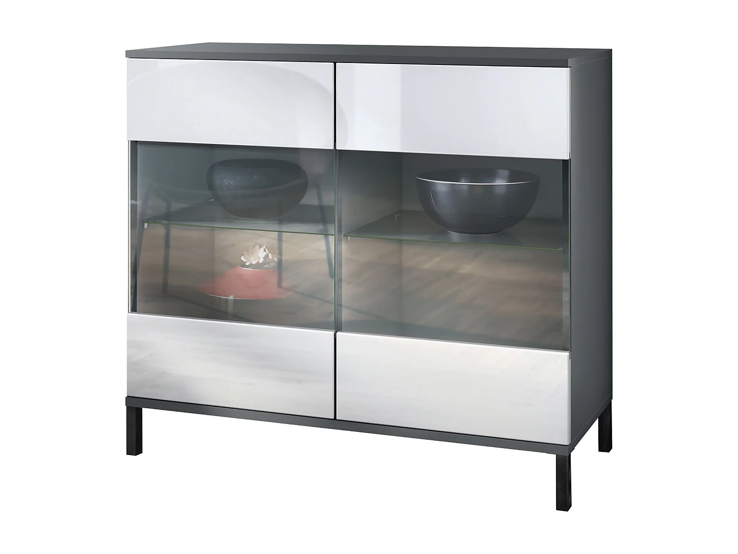 Commode Bari V3, Armoire de cuisine moderne avec 2 grandes portes vitrées anthracite mat / blanc haute brillance (92,5 x 83.5 x 35)