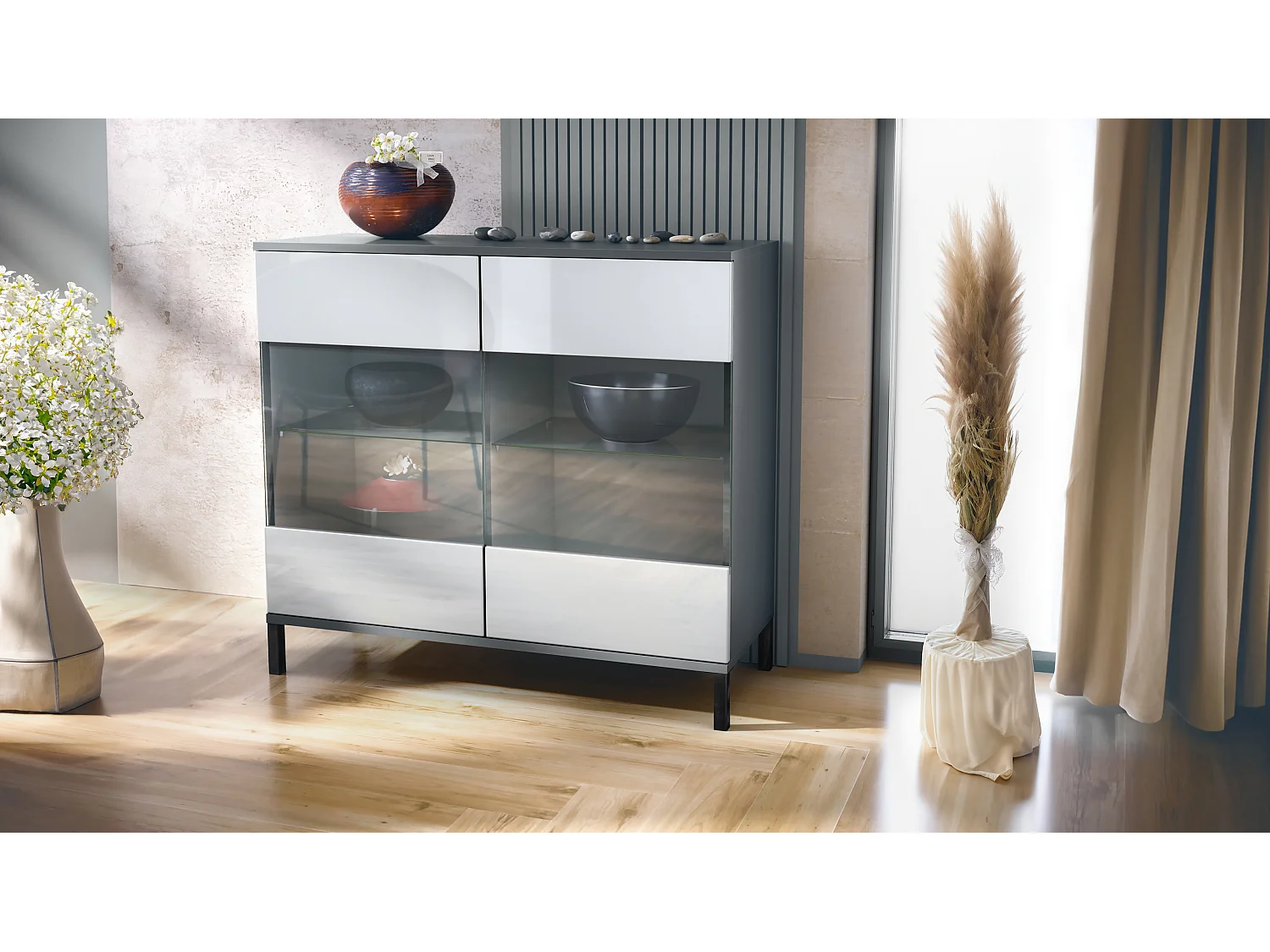 Commode Bari V3, Armoire de cuisine moderne avec 2 grandes portes vitrées anthracite mat / blanc haute brillance (92,5 x 83.5 x 35)