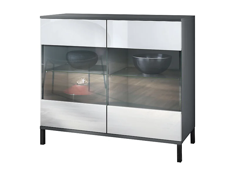 Commode Bari V3, Armoire de cuisine moderne avec 2 grandes portes vitrées anthracite mat / blanc haute brillance (92,5 x 83.5 x 35)