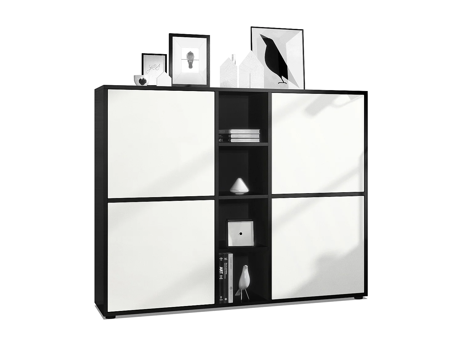 Highboard Cuba V3, noir mat/blanc mat - Buffet moderne à 12 compartiments (130,5 x 105,5 x 35,5 cm)