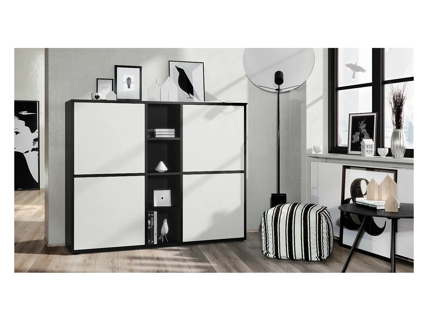 Highboard Cuba V3, noir mat/blanc mat - Buffet moderne à 12 compartiments (130,5 x 105,5 x 35,5 cm)