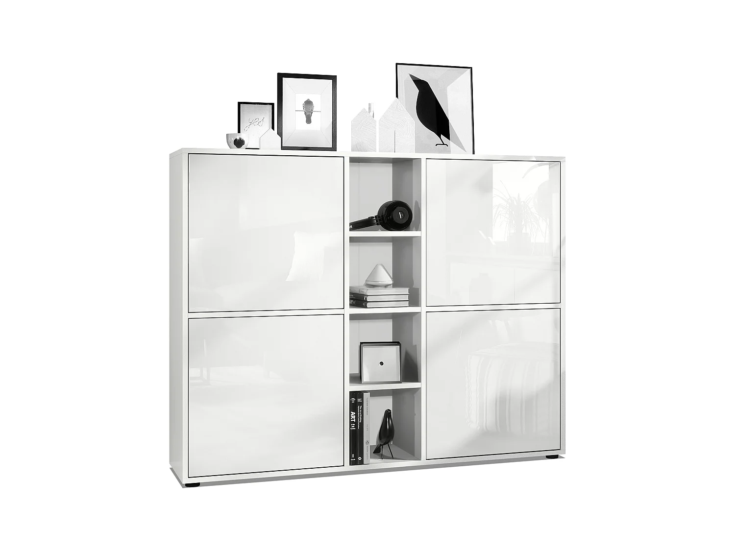 Highboard Cuba V3, blanc mat/blanc haute brillance - Buffet moderne à 12 compartiments (130,5 x 105,5 x 35,5 cm)