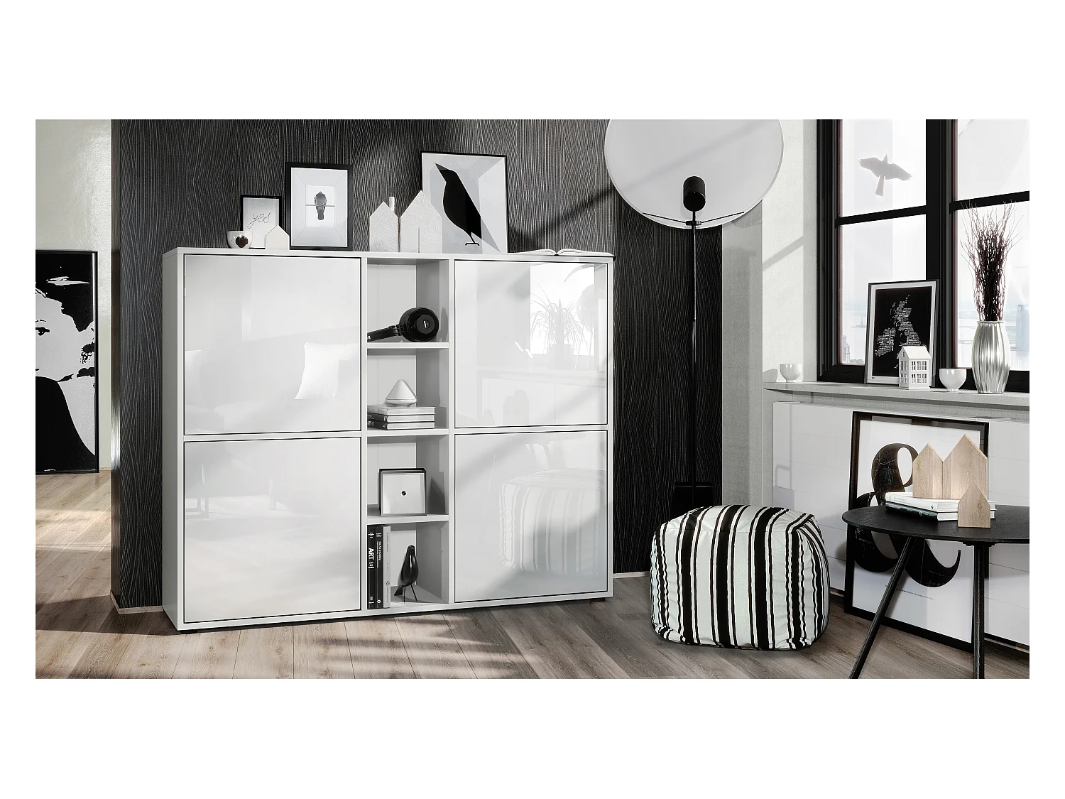 Highboard Cuba V3, blanc mat/blanc haute brillance - Buffet moderne à 12 compartiments (130,5 x 105,5 x 35,5 cm)