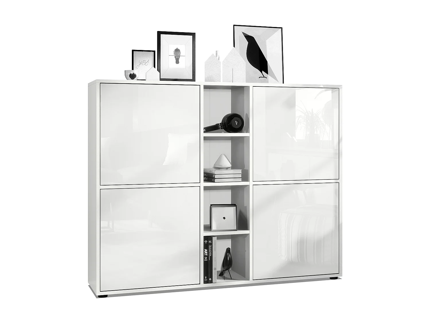 Vladon Credenza Cuba V3, bianco opaco/bianco lucido - Credenza moderna con 12 scomparti (130,5 x 105,5 x 35,5 cm)