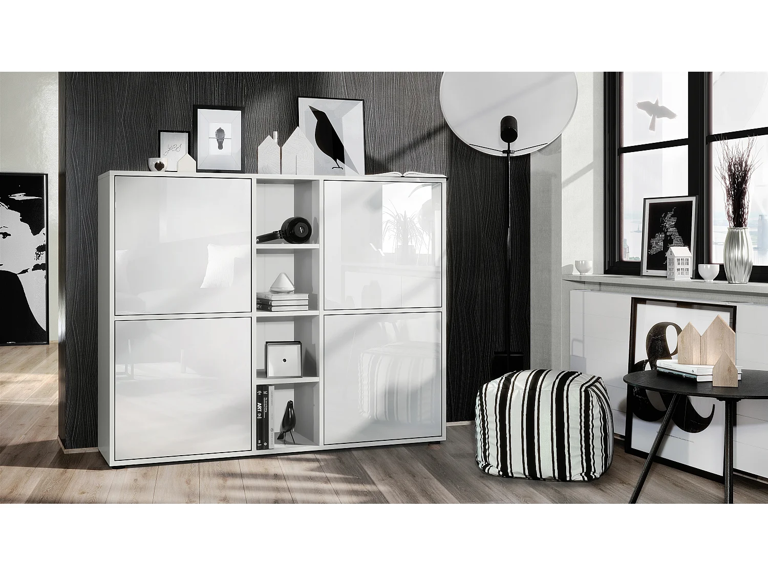 Vladon Credenza Cuba V3, bianco opaco/bianco lucido - Credenza moderna con 12 scomparti (130,5 x 105,5 x 35,5 cm)
