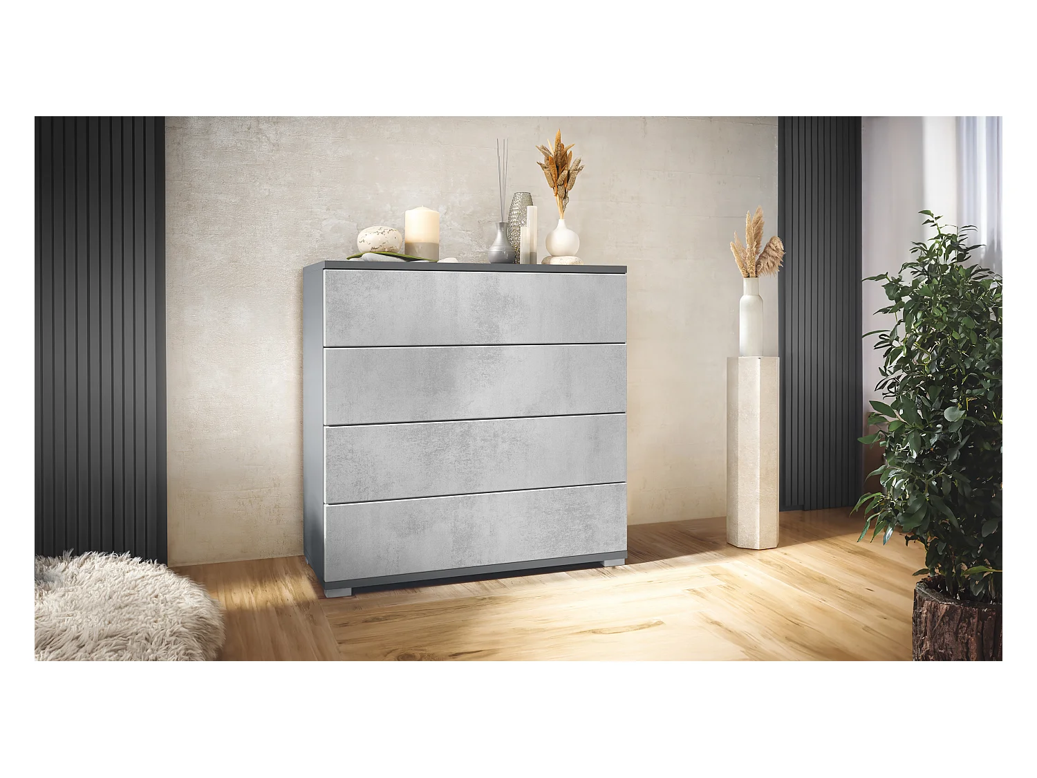 Commode  Pavos V3, Buffet avec 4 tiroirs anthracite mat/aspect béton oxyde (76 x 76 x 35 cm)