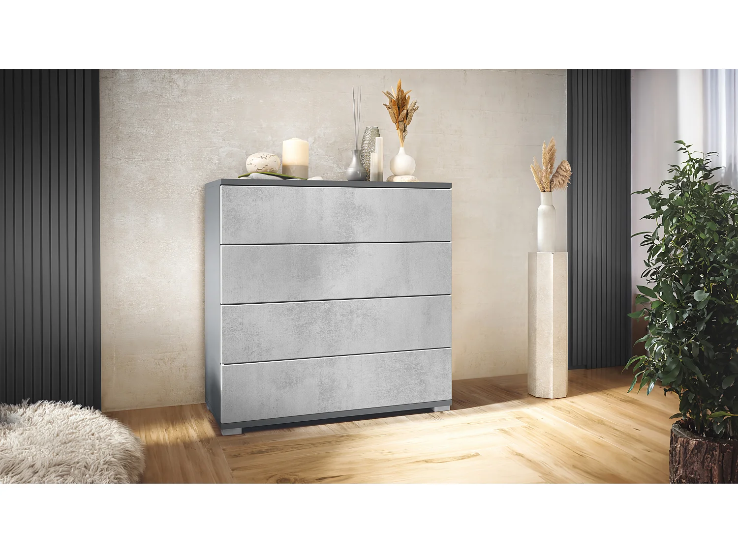 Cómoda Pavos V3, Aparador con 4 cajones antracita mate/hormigón oxidado (76 x 76 x 35 cm)