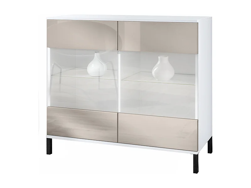 Cassettiera Bari V3, Mobile da cucina moderno con 2 grandi ante in vetro bianco opaco / grigio sabbia lucido (92,5 x 83.5 x 35)