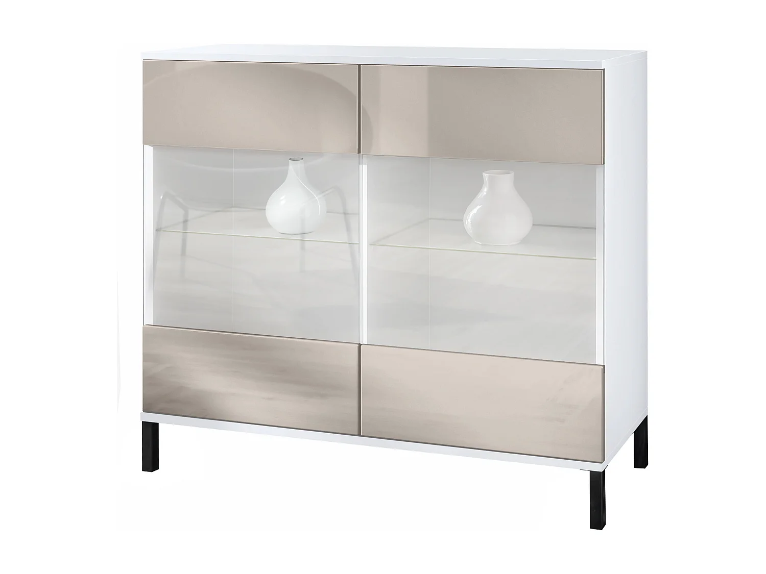 Commode Bari V3, Armoire de cuisine moderne avec 2 grandes portes vitrées blanc mat / gris sable haute brillance (92,5 x 83.5 x 35)