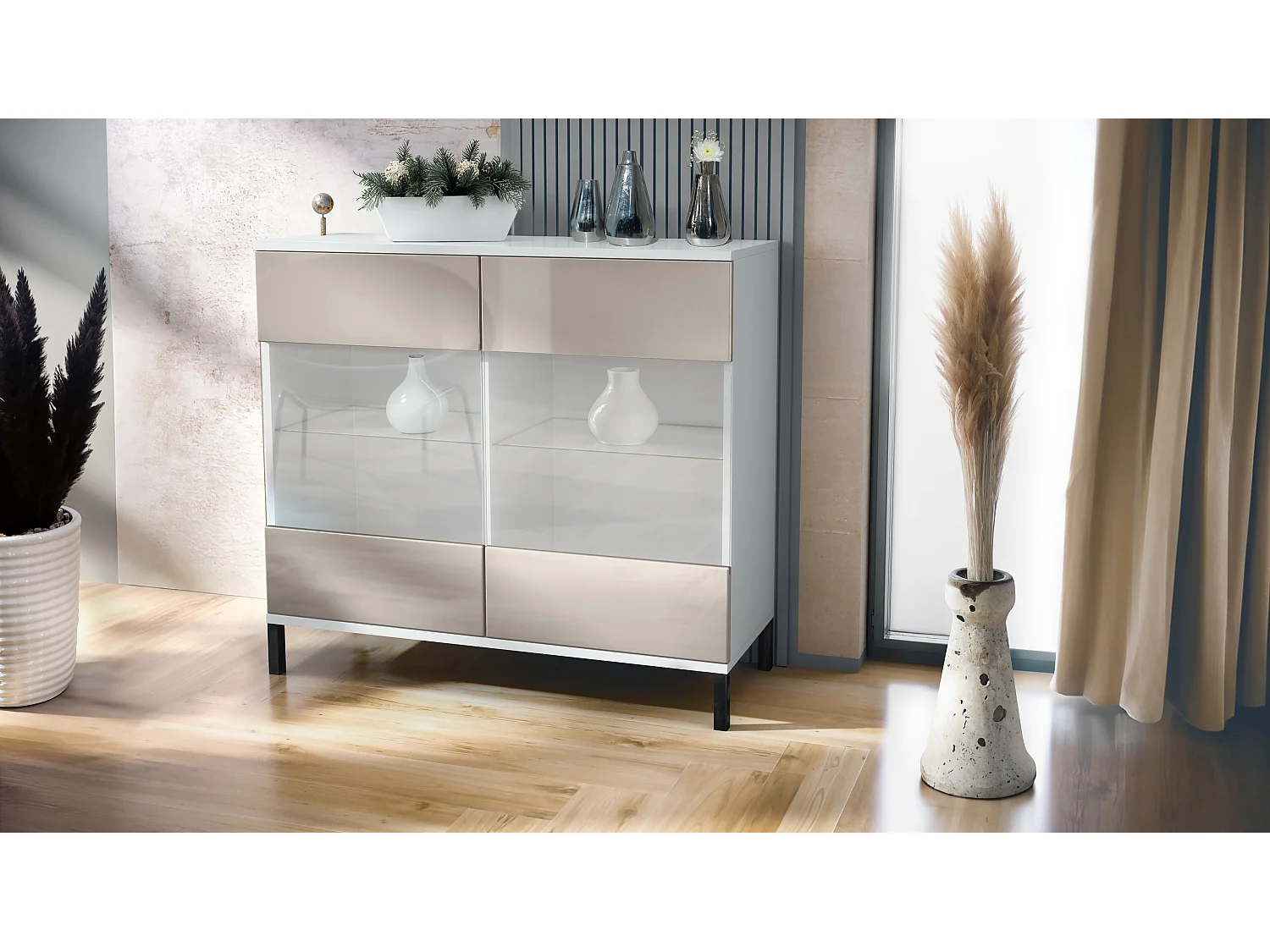 Commode Bari V3, Armoire de cuisine moderne avec 2 grandes portes vitrées blanc mat / gris sable haute brillance (92,5 x 83.5 x 35)