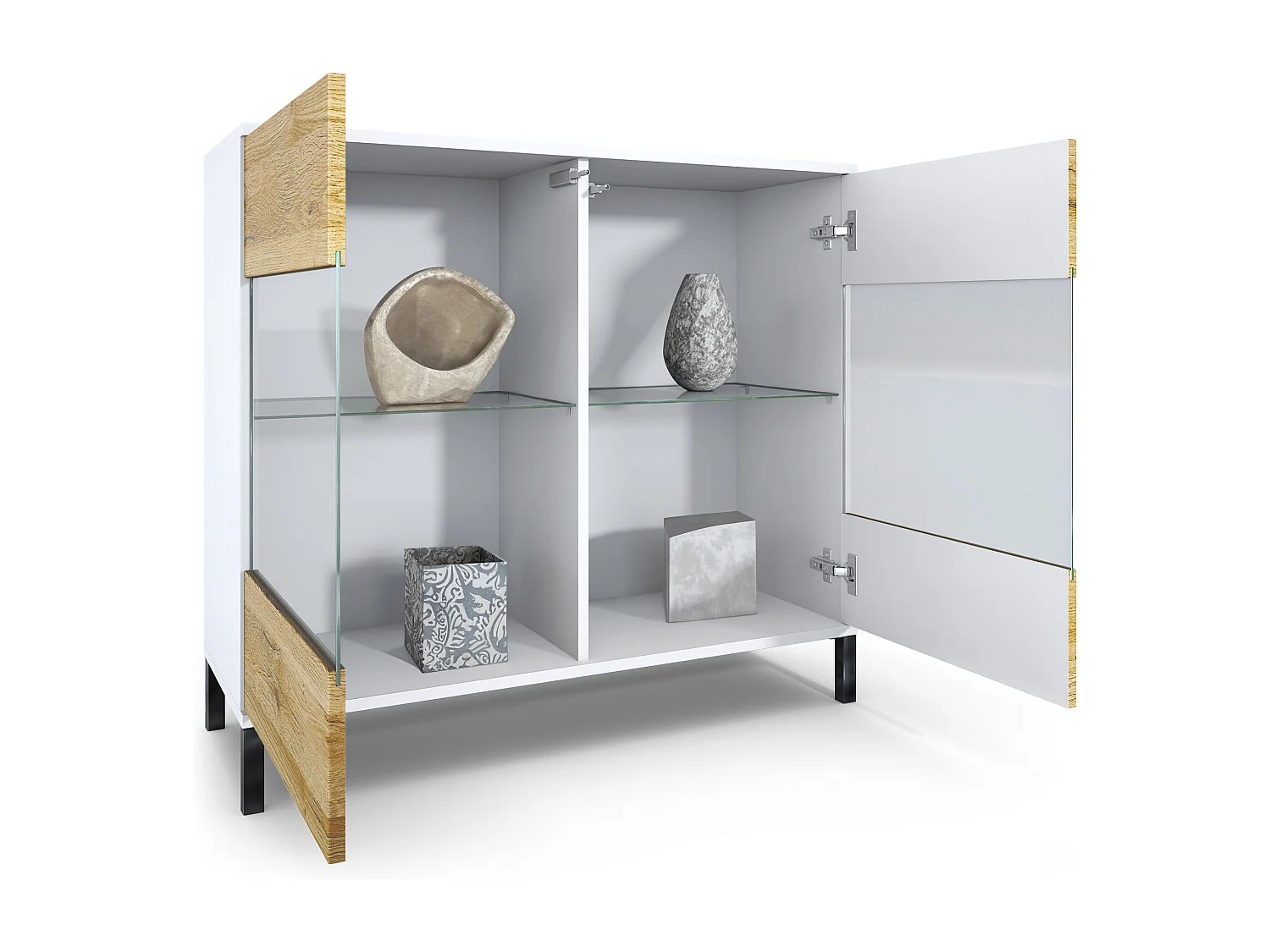 Commode Bari V3, Armoire de cuisine moderne avec 2 grandes portes vitrées blanc mat / gris sable haute brillance (92,5 x 83.5 x 35)