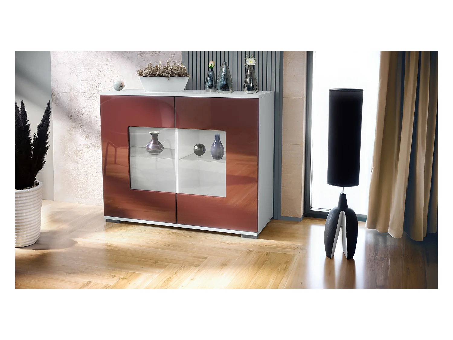 Commode Grömitz V3, Armoire de cuisine moderne avec 2 grandes portes vitrées blanc mat / bordeaux haute brillance (92,5 x 75.5 x 35)