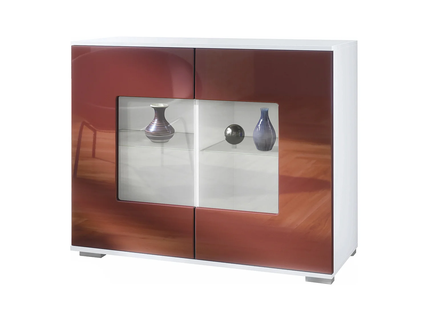 Commode Grömitz V3, Armoire de cuisine moderne avec 2 grandes portes vitrées blanc mat / bordeaux haute brillance (92,5 x 75.5 x 35)