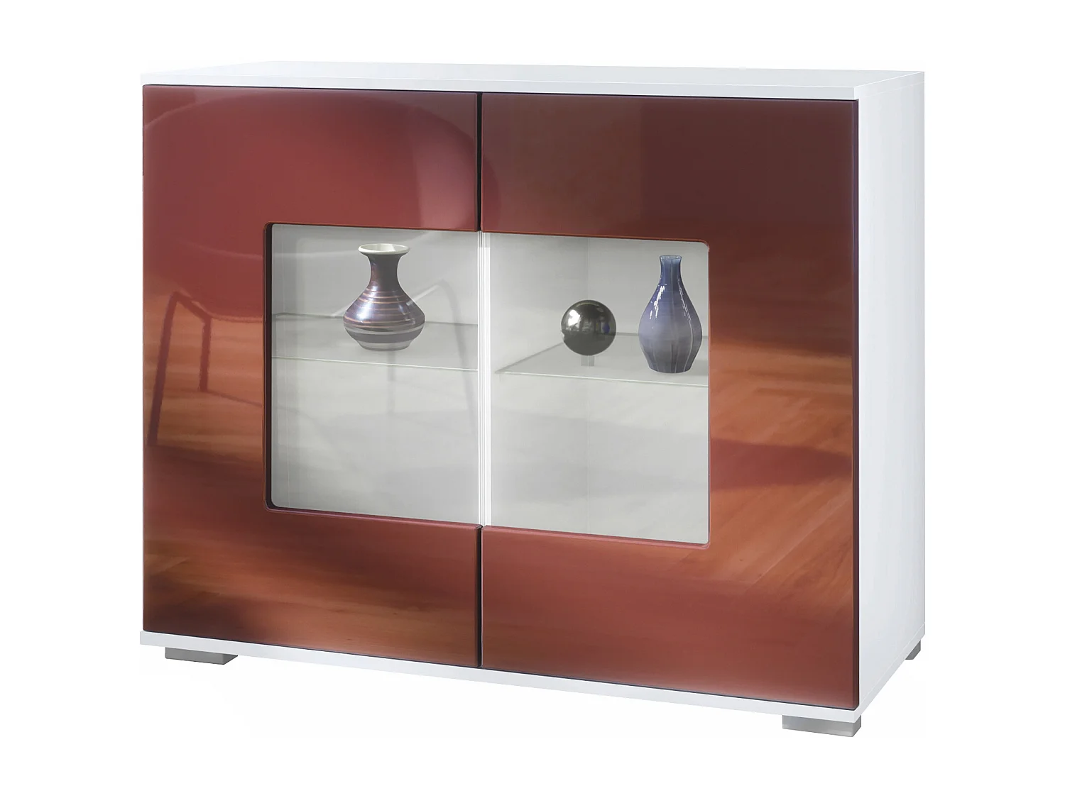 Cassettiera Grömitz V3, Mobile da cucina moderno con 2 grandi ante in vetro bianco opaco / bordeaux lucido (92,5 x 75.5 x 35)