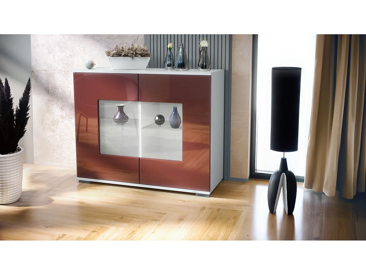 Cassettiera Grömitz V3, Mobile da cucina moderno con 2 grandi ante in vetro bianco opaco / bordeaux lucido (92,5 x 75.5 x 35)