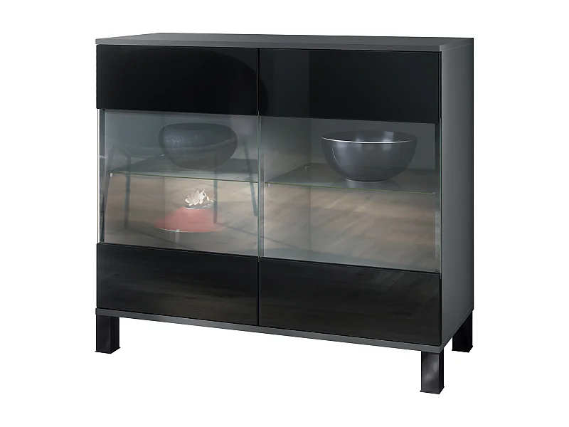 Commode Bari V3, Armoire de cuisine moderne avec 2 grandes portes vitrées anthracite mat / noir haute brillance (92,5 x 84.5 x 35)