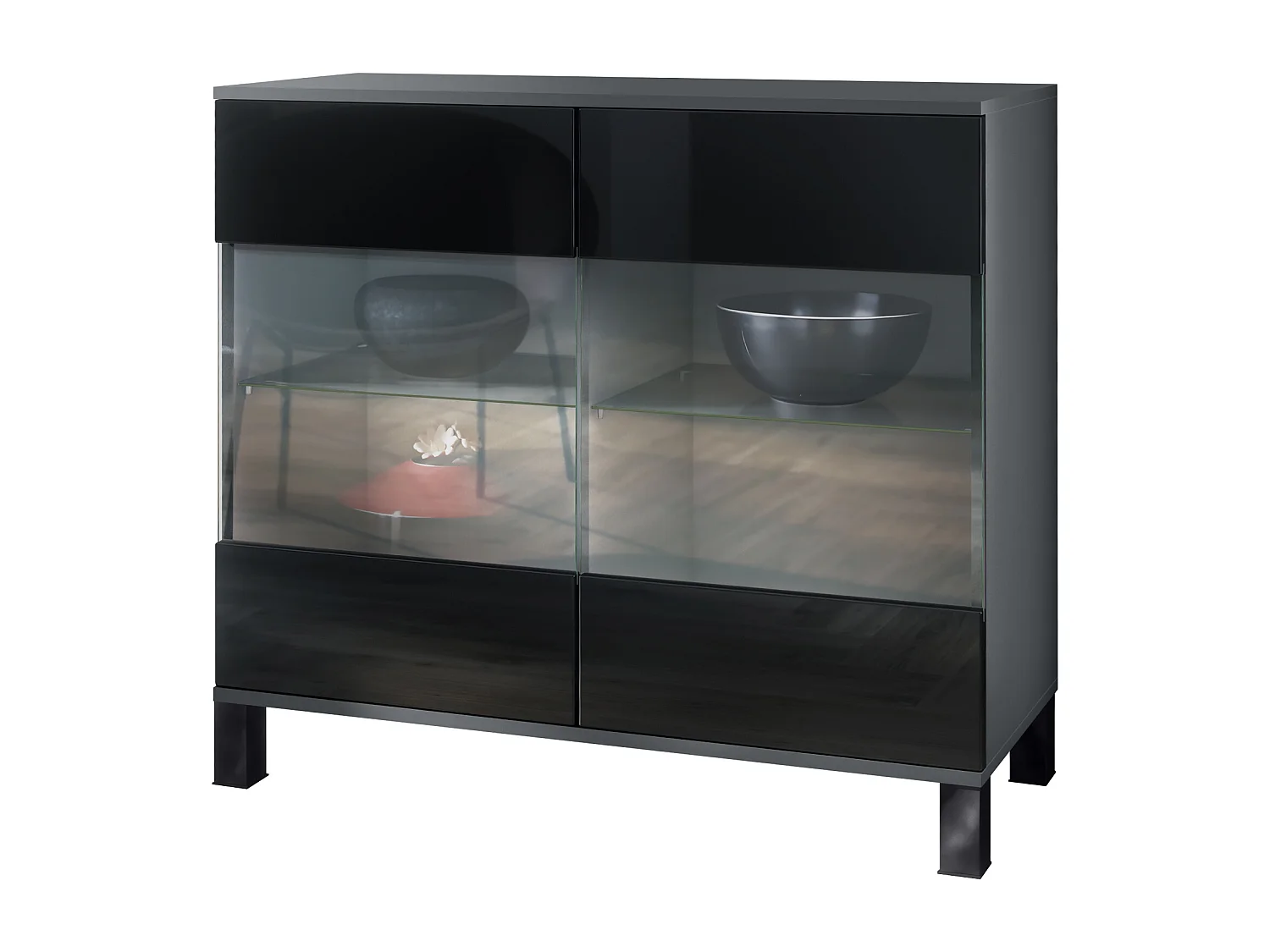 Commode Bari V3, Armoire de cuisine moderne avec 2 grandes portes vitrées anthracite mat / noir haute brillance (92,5 x 84.5 x 35)