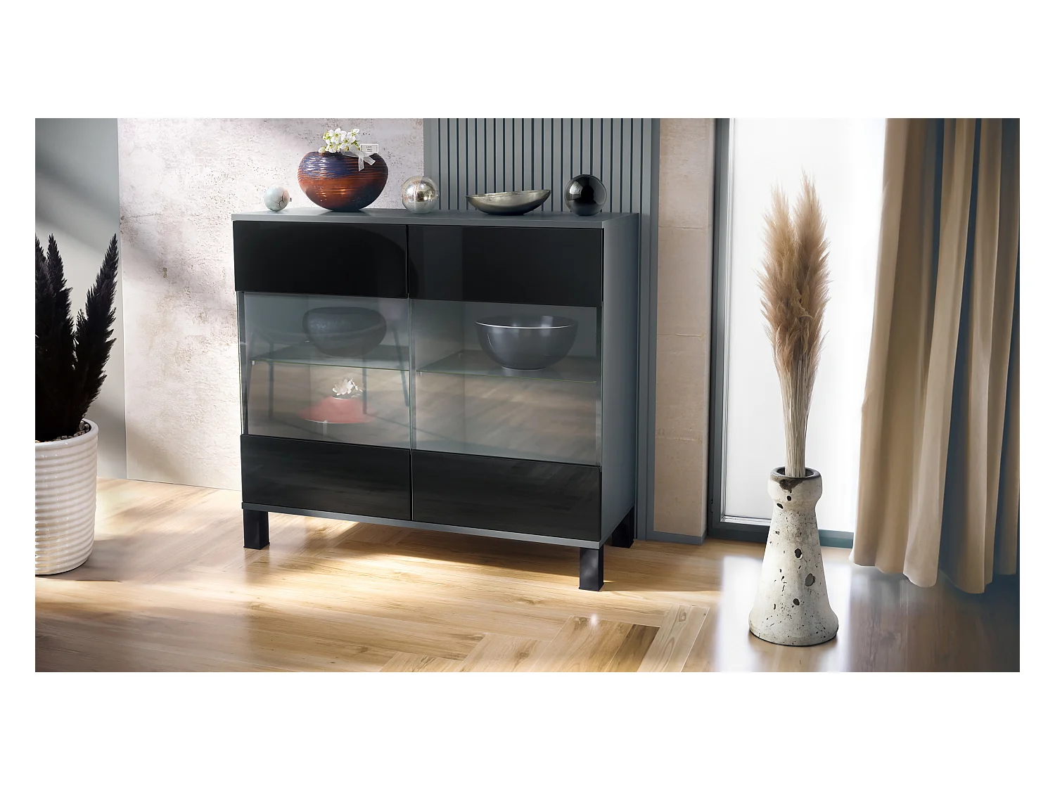 Commode Bari V3, Armoire de cuisine moderne avec 2 grandes portes vitrées anthracite mat / noir haute brillance (92,5 x 84.5 x 35)