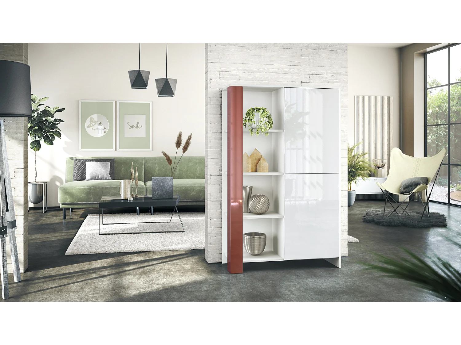 Credenza Canto, credenza alta a 2 ante e 8 scomparti, mobile bianco opaco, frontali bianchi lucidi, pannelli decorativi bordeaux lucido (95 x 151,5 x 36 cm)