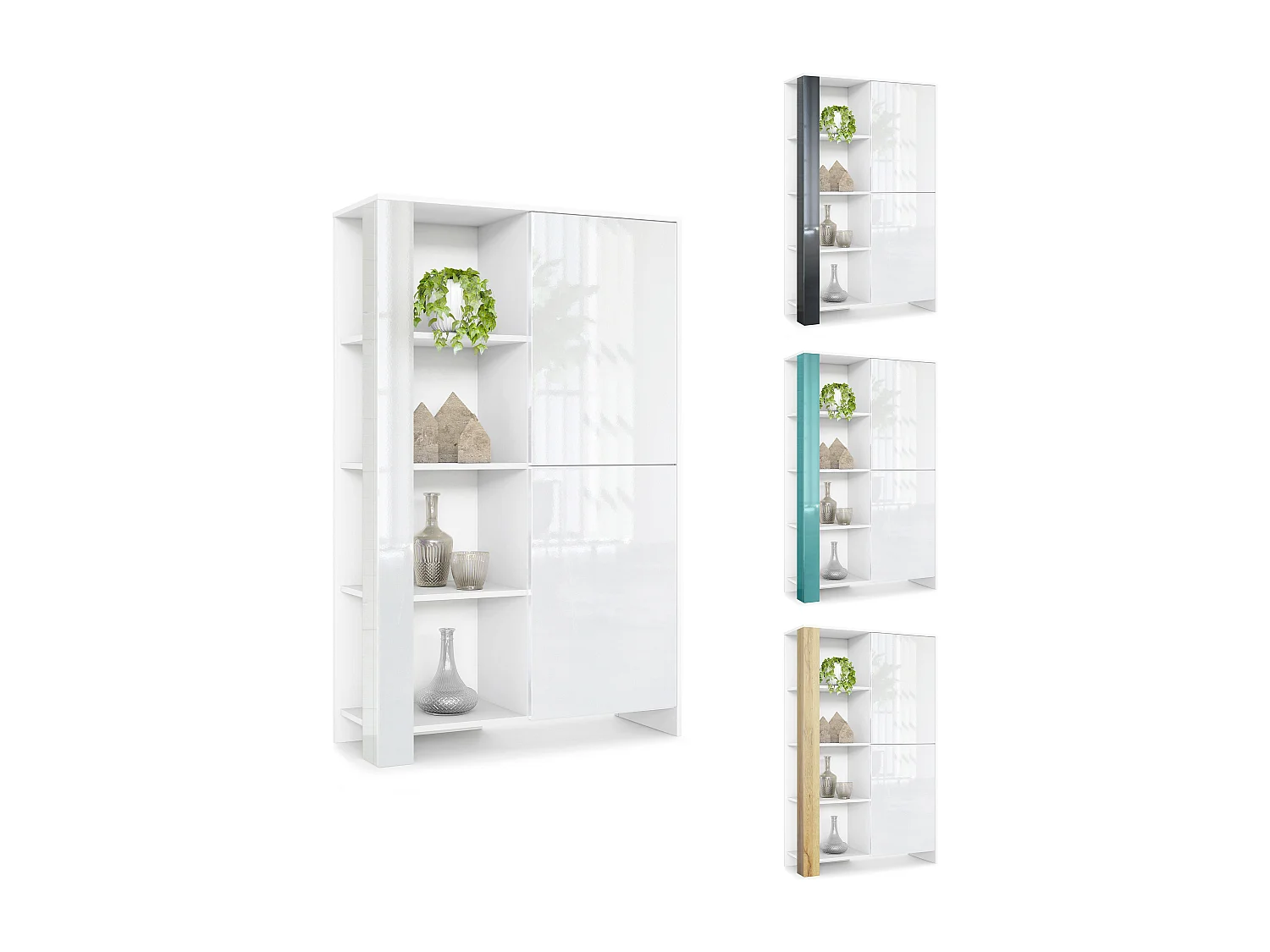 Credenza Canto, credenza alta a 2 ante e 8 scomparti, mobile bianco opaco, frontali bianchi lucidi, pannelli decorativi bordeaux lucido (95 x 151,5 x 36 cm)