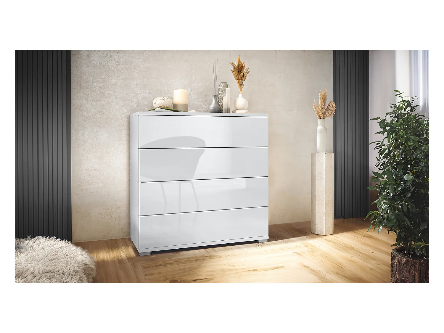Commode  Pavos V3, Buffet avec 4 tiroirs blanc mat/blanc haute brillance (76 x 76 x 35 cm)